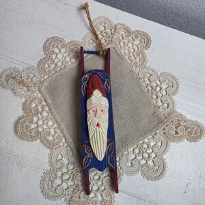 Vintage Midwest of Cannon Falls Wooden Carved Santa Sleigh Ornament Blue Red 7in